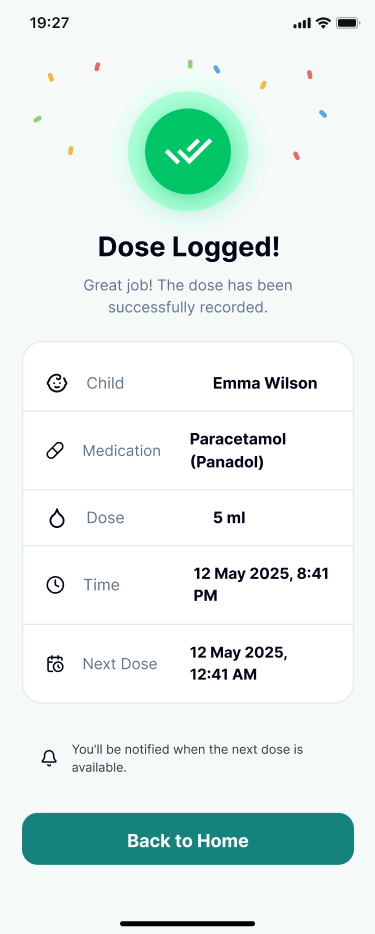 Little Doses dose logged confirmation screen